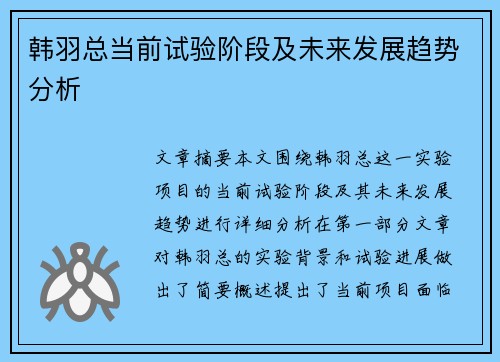 韩羽总当前试验阶段及未来发展趋势分析 韩羽总当前试验阶段及未来发展趋势分析